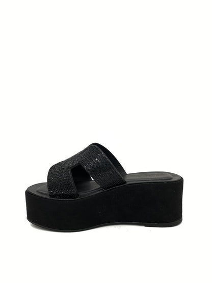 Black Glittered Platform Sandals with Open Toe