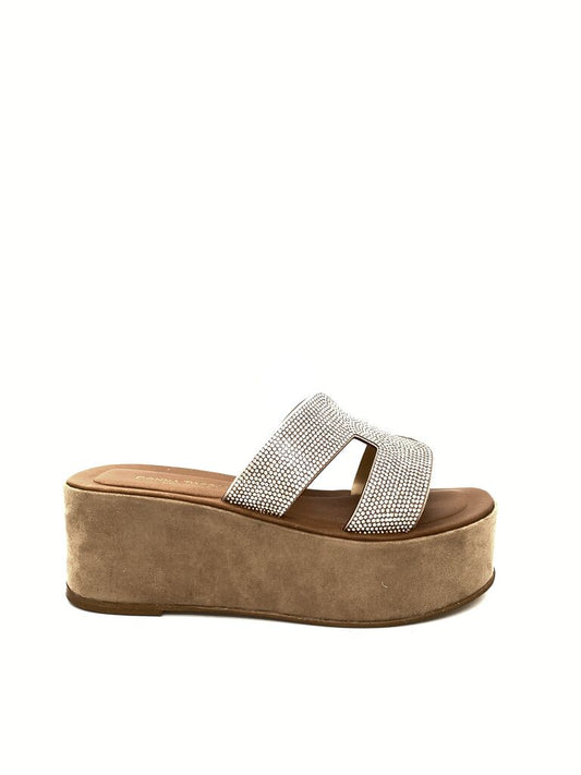 Beige Platform Slide Sandals with Embellished Straps