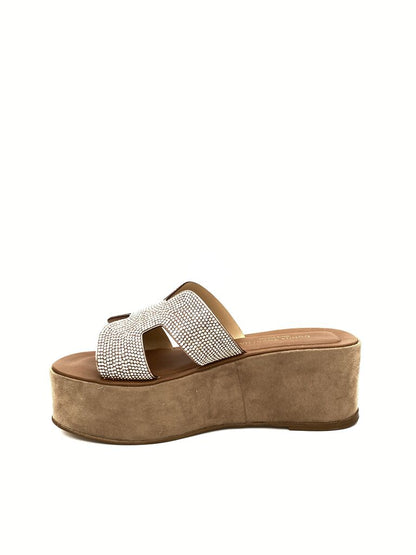 Beige Platform Slide Sandals with Embellished Straps