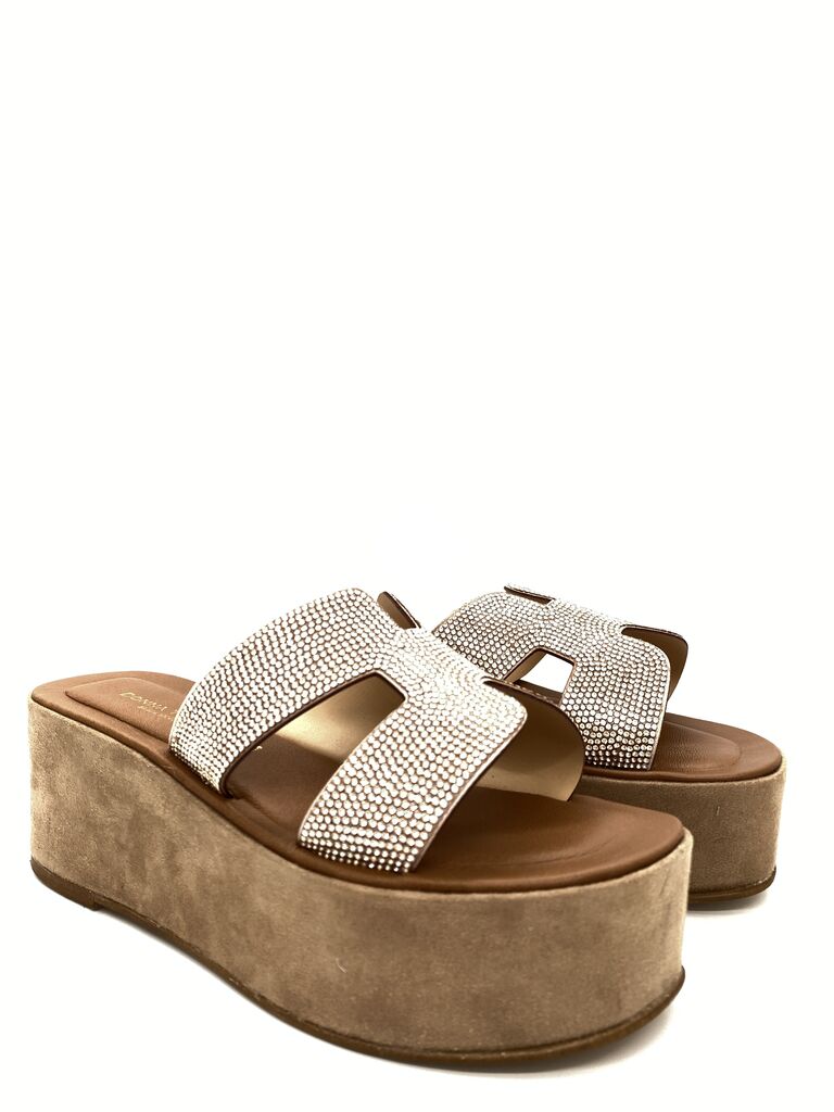 Beige Platform Slide Sandals with Embellished Straps