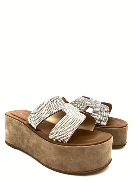 Beige Platform Slide Sandals with Embellished Straps