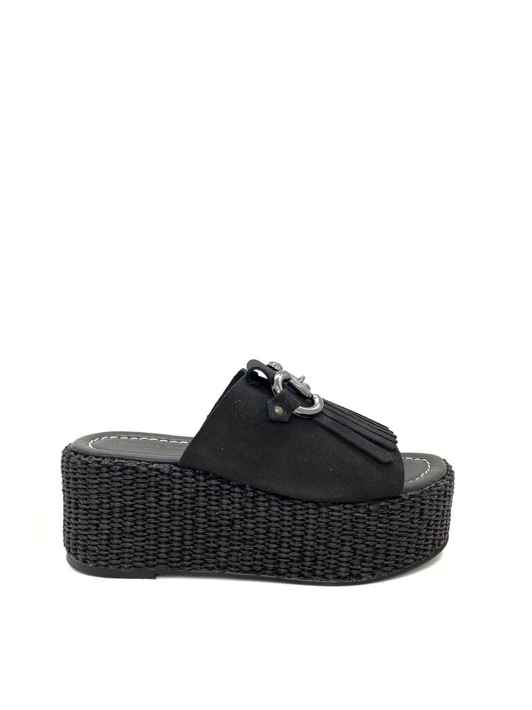 Black Suede Platform Slide with Tassel Accent