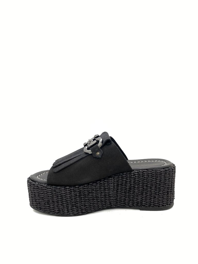 Black Suede Platform Slide with Tassel Accent
