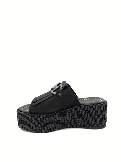 Black Suede Platform Slide with Tassel Accent