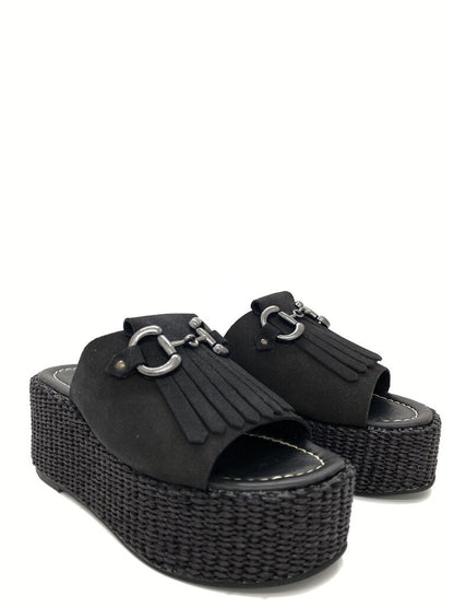 Black Suede Platform Slide with Tassel Accent