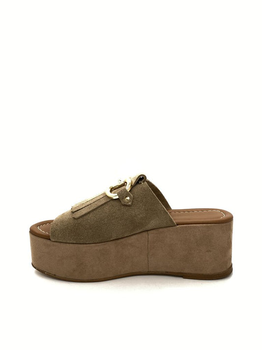 Taupe Suede Platform Sandals with Tassel Detail