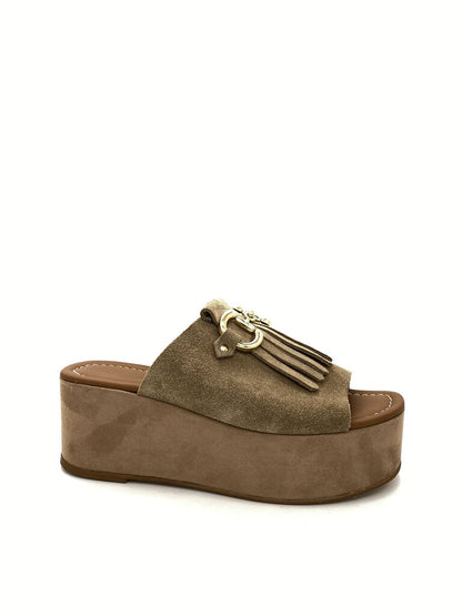 Taupe Suede Platform Sandals with Tassel Detail