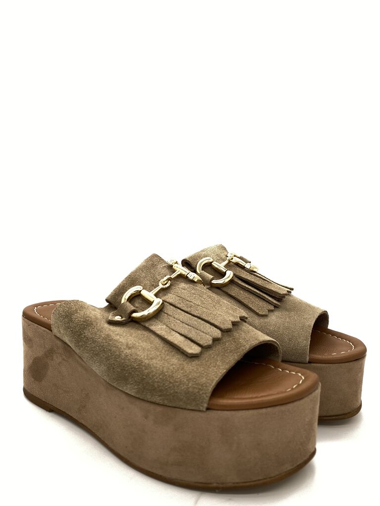 Taupe Suede Platform Sandals with Tassel Detail