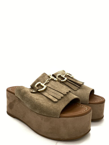 Taupe Suede Platform Sandals with Tassel Detail