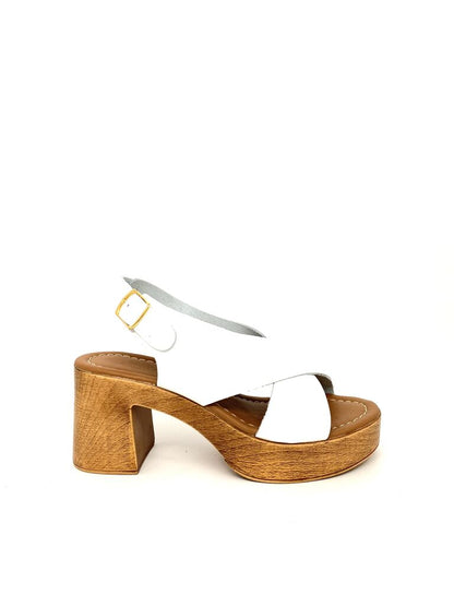 White Leather Platform Sandal with Chunky Wooden Heel
