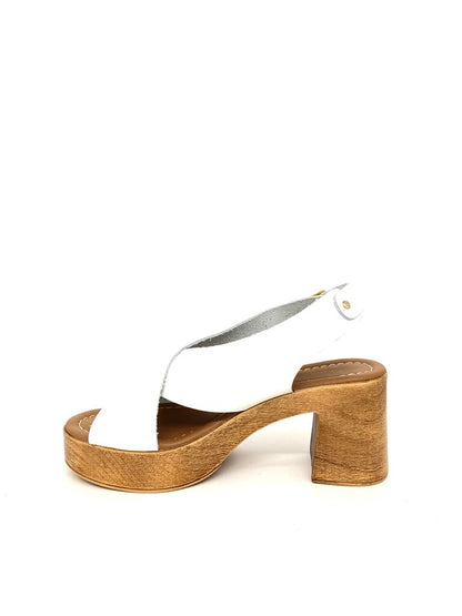 White Leather Platform Sandal with Chunky Wooden Heel