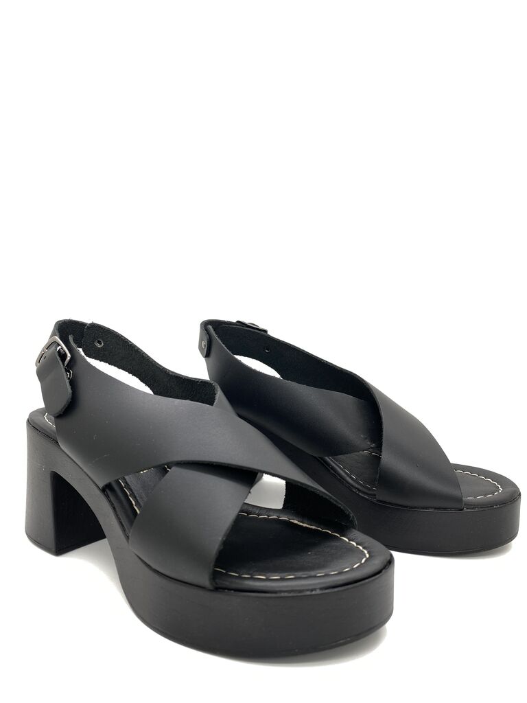 Black Chunky Slingback Sandal with Cross-Strap Detail