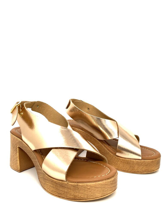 Rose Gold Satin Platform Sandals with Block Heel