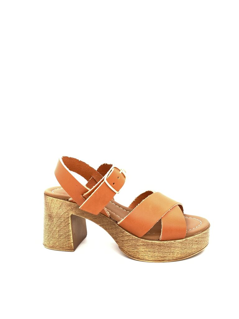 Cognac Leather Platform Sandal with Adjustable Strap