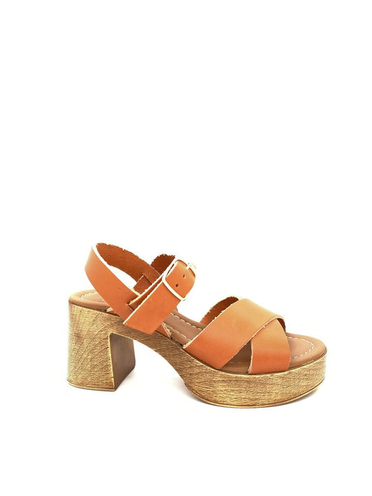Cognac Leather Platform Sandal with Adjustable Strap