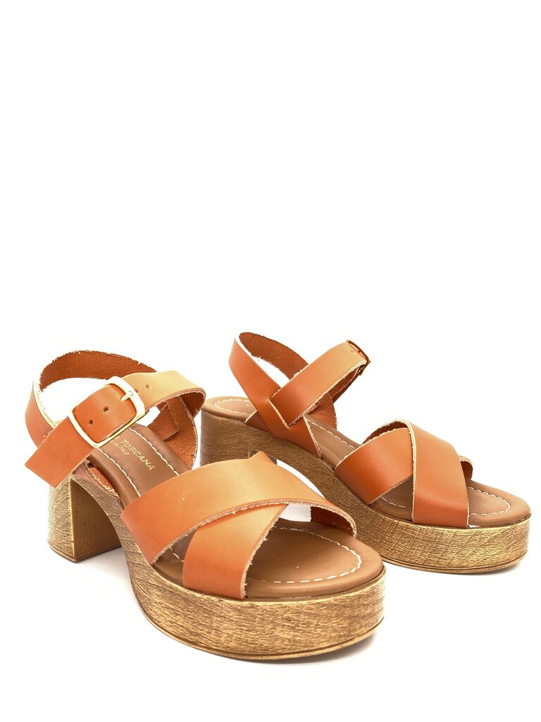 Cognac Leather Platform Sandal with Adjustable Strap