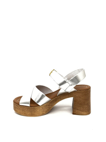Silver Strappy Sandal with Wooden Block Heel