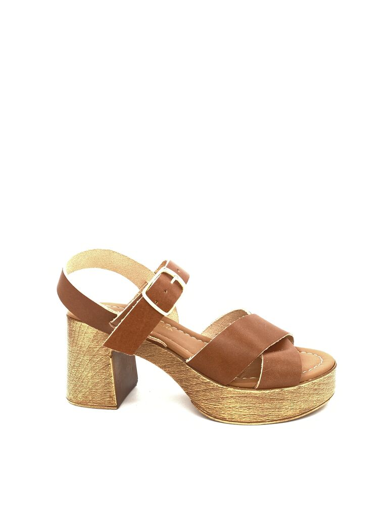 Brown Leather Platform Sandal with Block Heel