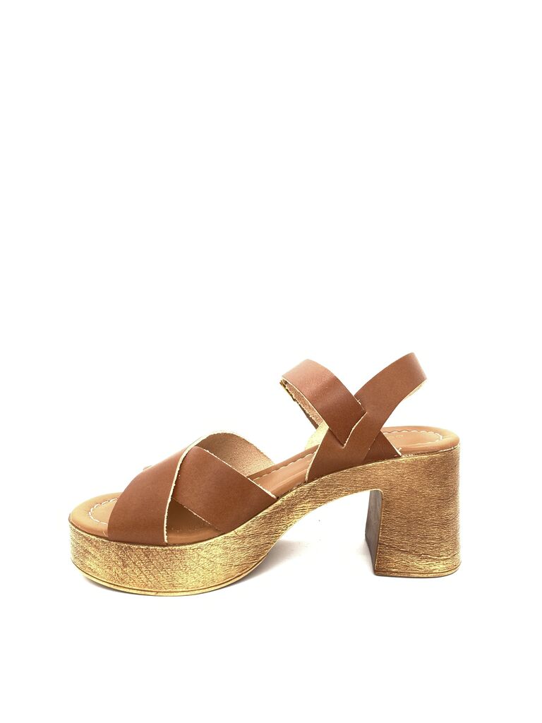 Brown Leather Platform Sandal with Block Heel