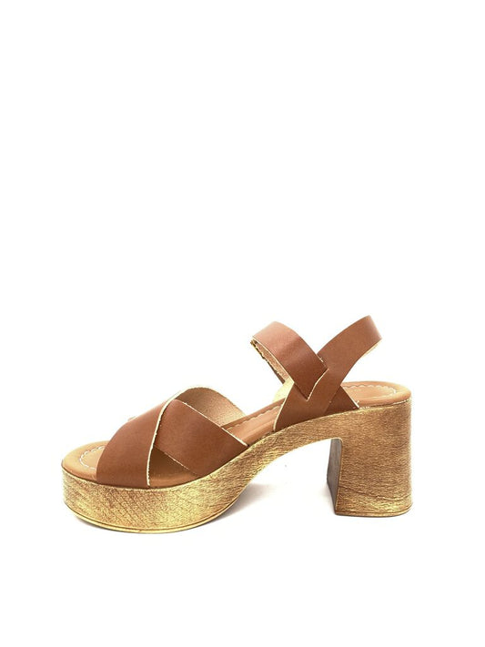Brown Leather Platform Sandal with Block Heel