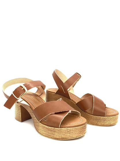 Brown Leather Platform Sandal with Block Heel