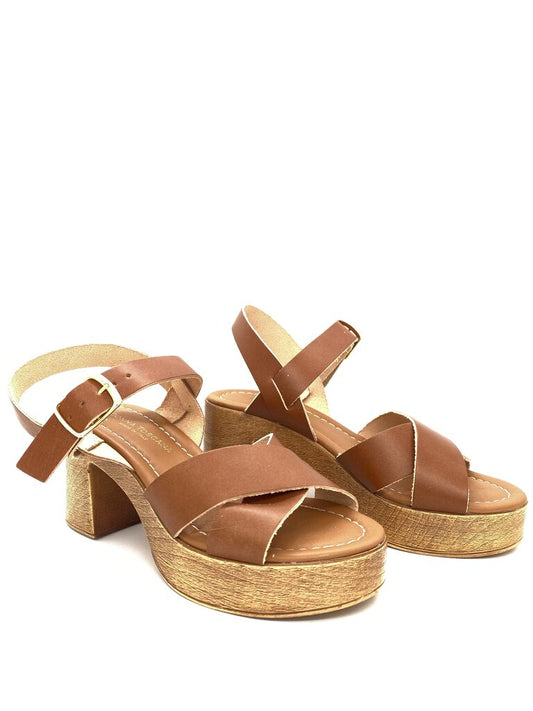 Brown Leather Platform Sandal with Block Heel