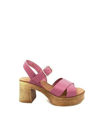 Pink Faux Leather Block Heel Sandal with Buckle