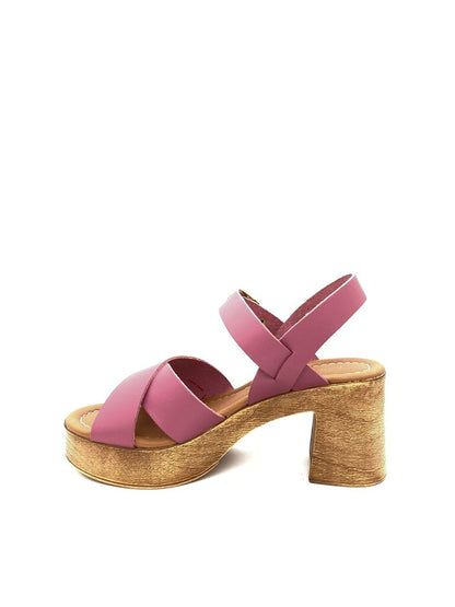 Pink Faux Leather Block Heel Sandal with Buckle
