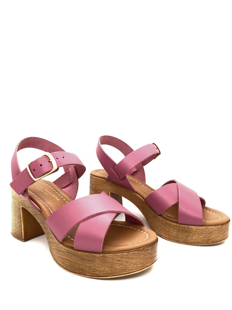 Pink Faux Leather Block Heel Sandal with Buckle