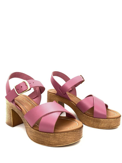 Pink Faux Leather Block Heel Sandal with Buckle
