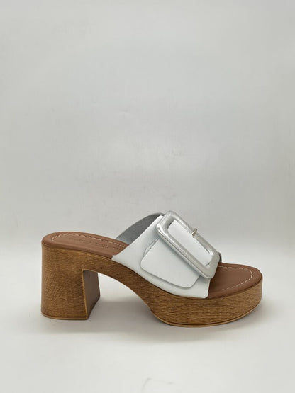 White Buckle Slide Sandals with Wooden Block Heel