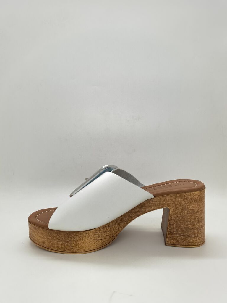 White Buckle Slide Sandals with Wooden Block Heel