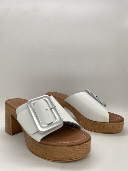 White Buckle Slide Sandals with Wooden Block Heel