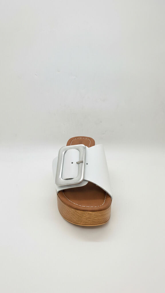 White Buckle Slide Sandals with Wooden Block Heel