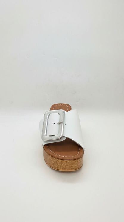 White Buckle Slide Sandals with Wooden Block Heel