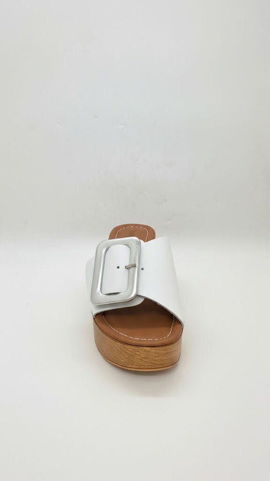 White Buckle Slide Sandals with Wooden Block Heel