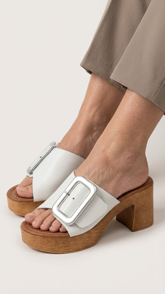White Buckle Slide Sandals with Wooden Block Heel