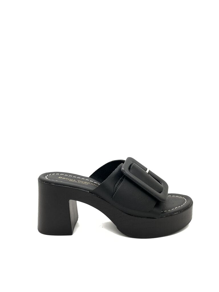 Black Chunky Heel Slide Sandals with Buckle