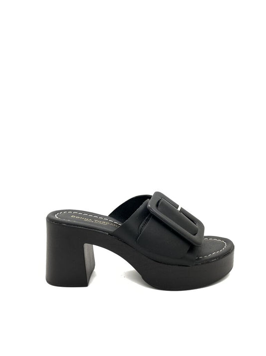 Black Chunky Heel Slide Sandals with Buckle