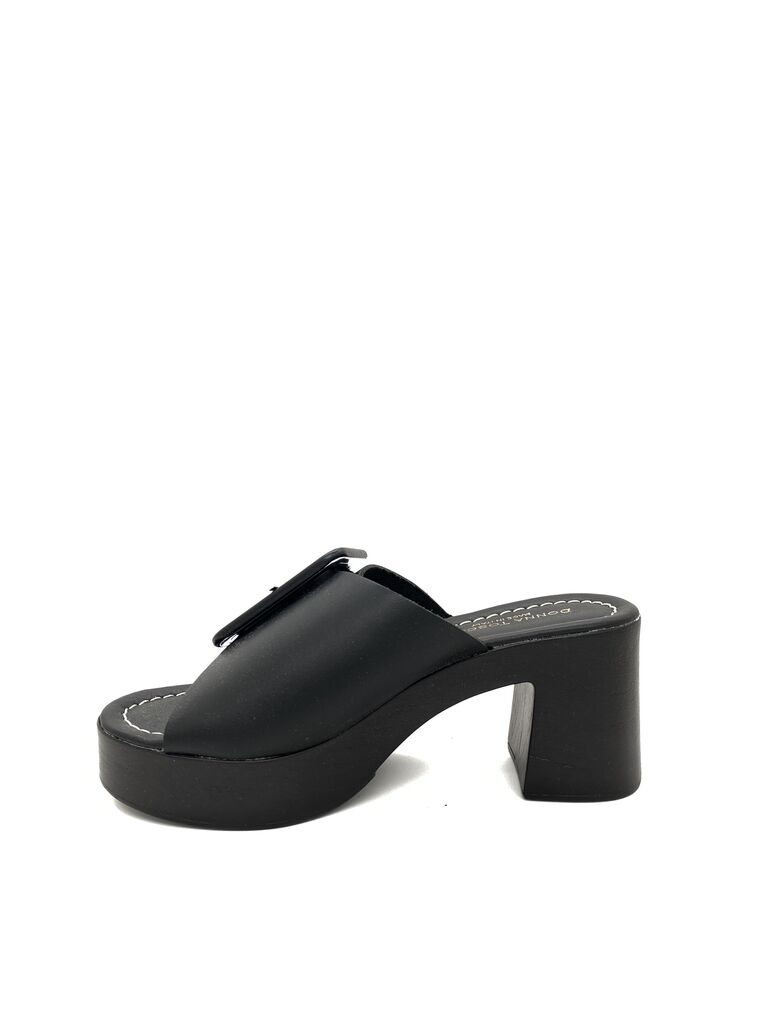 Black Chunky Heel Slide Sandals with Buckle