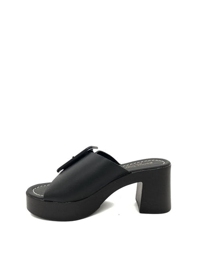 Black Chunky Heel Slide Sandals with Buckle