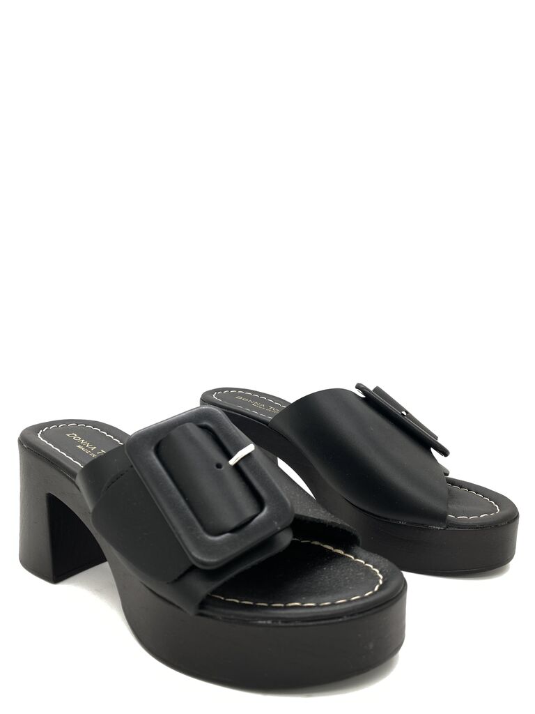 Black Chunky Heel Slide Sandals with Buckle