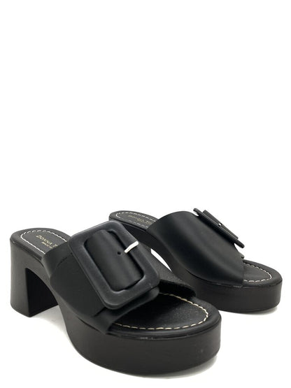 Black Chunky Heel Slide Sandals with Buckle