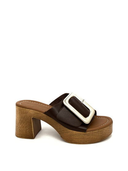 Brown Textured Block Heel Sandal with Oversized Buckle