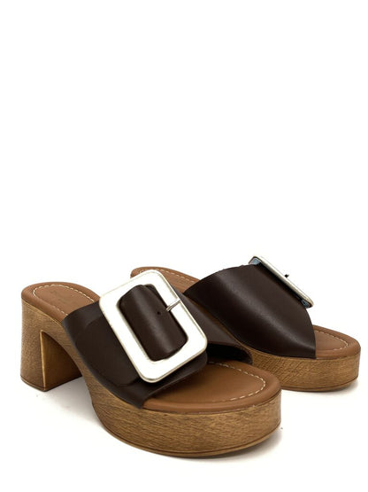 Brown Textured Block Heel Sandal with Oversized Buckle