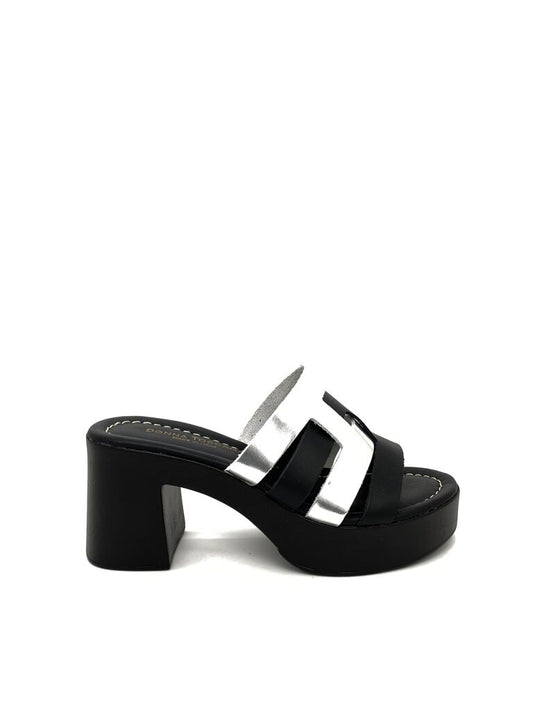 Black and Silver Block Heel Slide Sandals