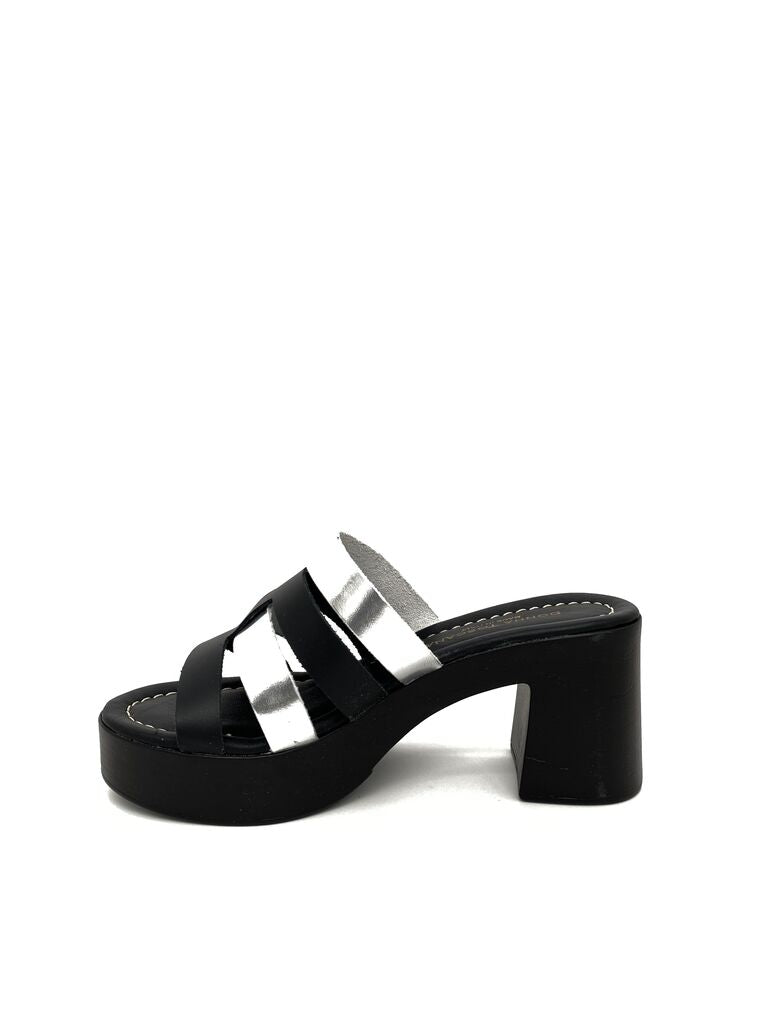 Black and Silver Block Heel Slide Sandals