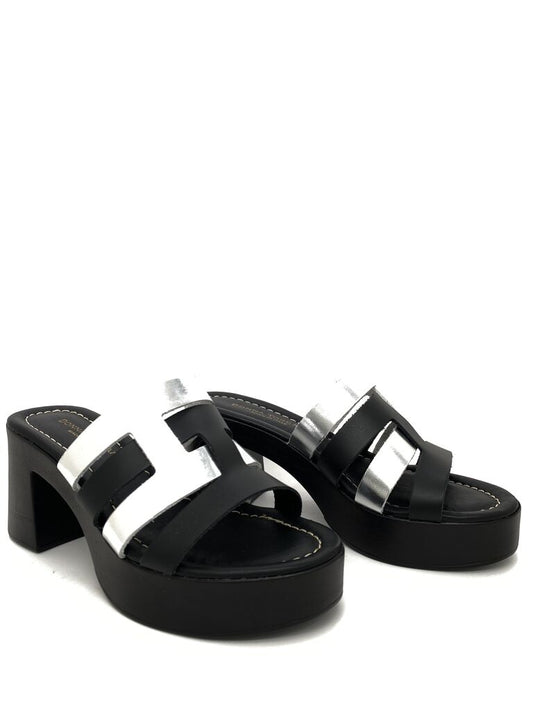 Black and Silver Block Heel Slide Sandals