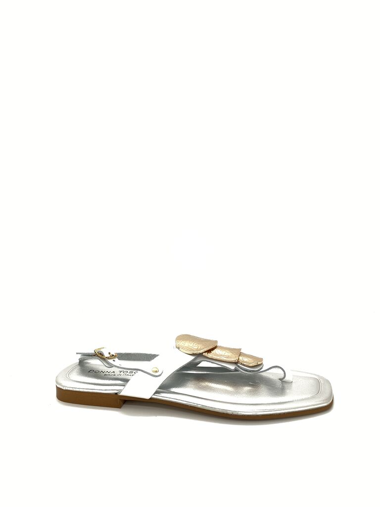 White Leather Slip-On Sandal with Metallic Accents