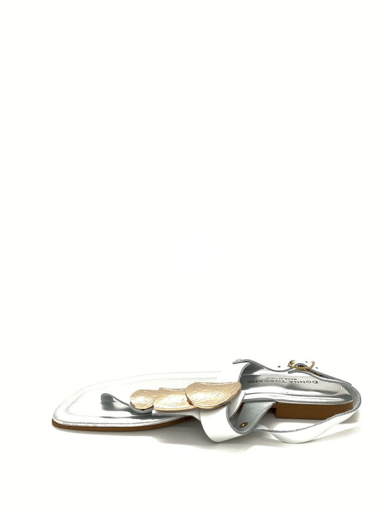 White Leather Slip-On Sandal with Metallic Accents